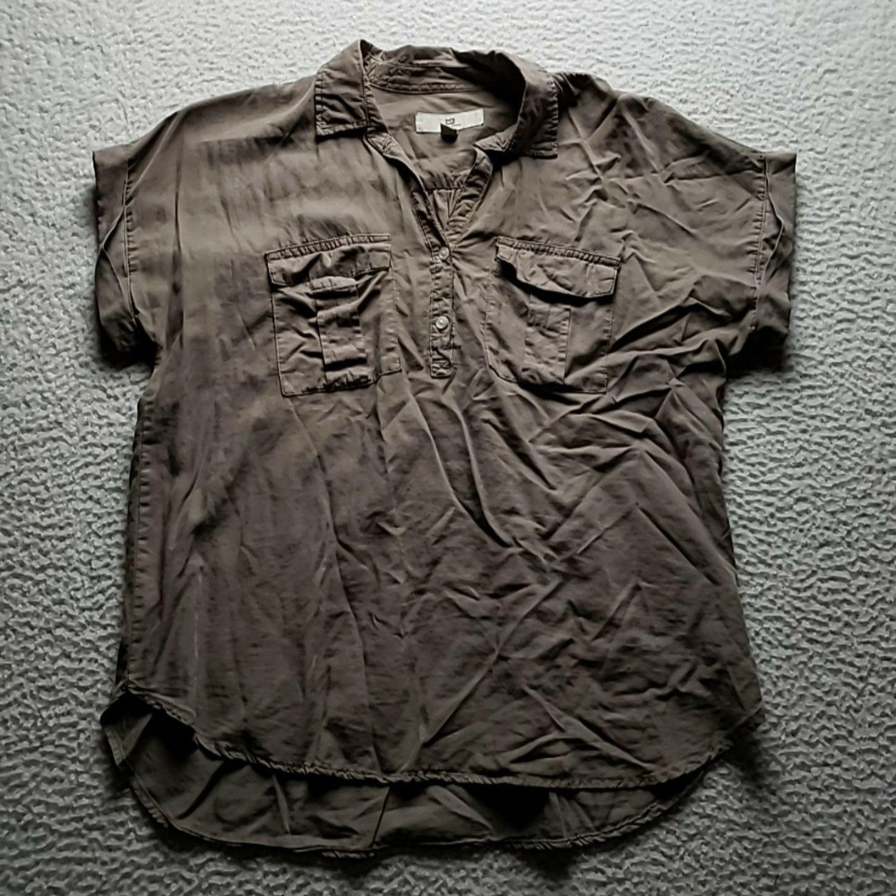 Thread & Supply Blouse Womens Large Green Collared Short Sleeve Tencel Top